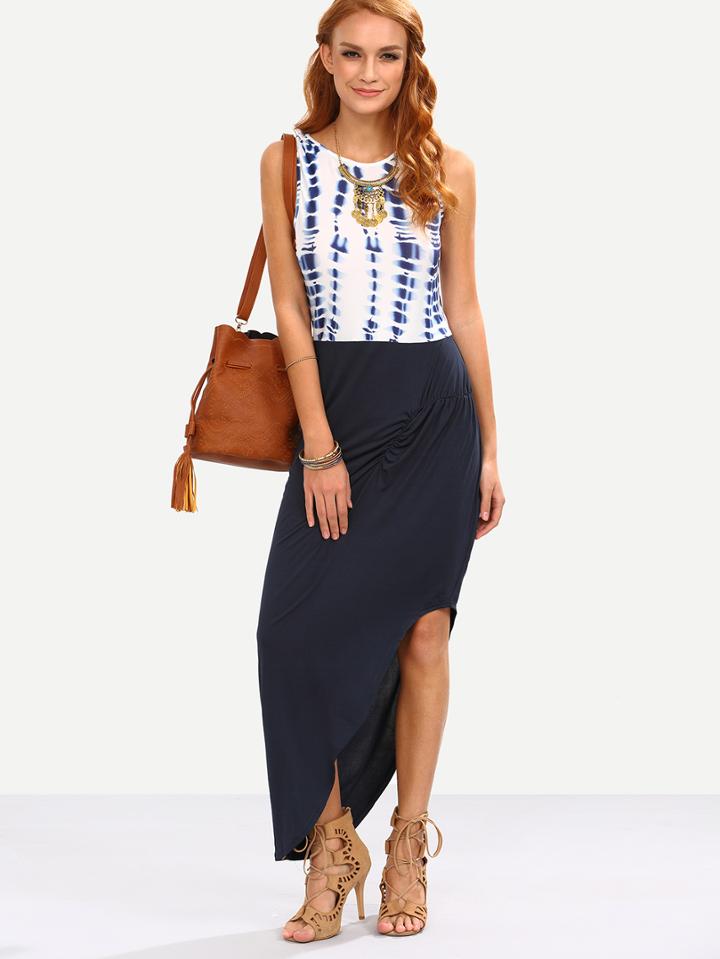 Romwe Contrast Tie Dye Print 2 In 1 Asymmetric Dress