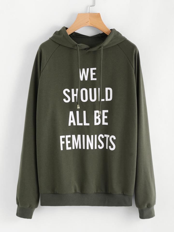 Romwe Slogan Print Raglan Sleeve Hoodie