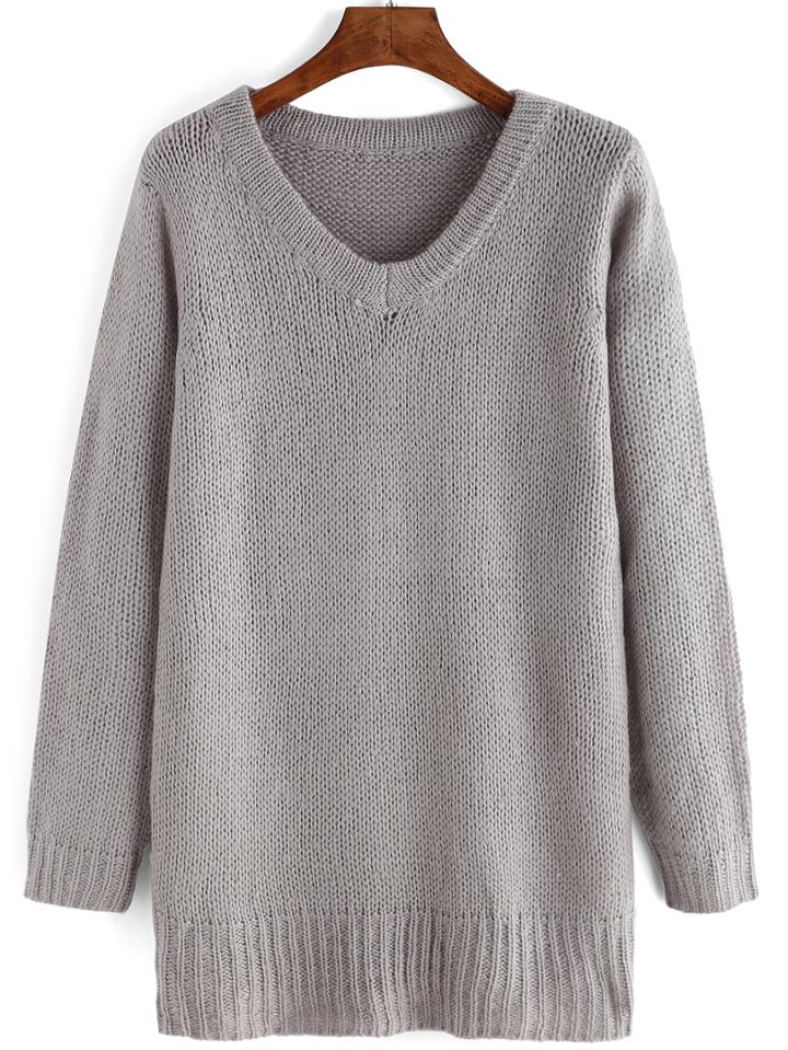 Romwe V Neck Women Grey Jumper