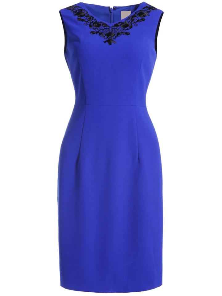 Romwe Blue V Neck Sleeve Embroidered Bodycon Dress