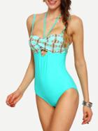 Romwe Flower Print Twist Front Cutout One-piece Swimwear