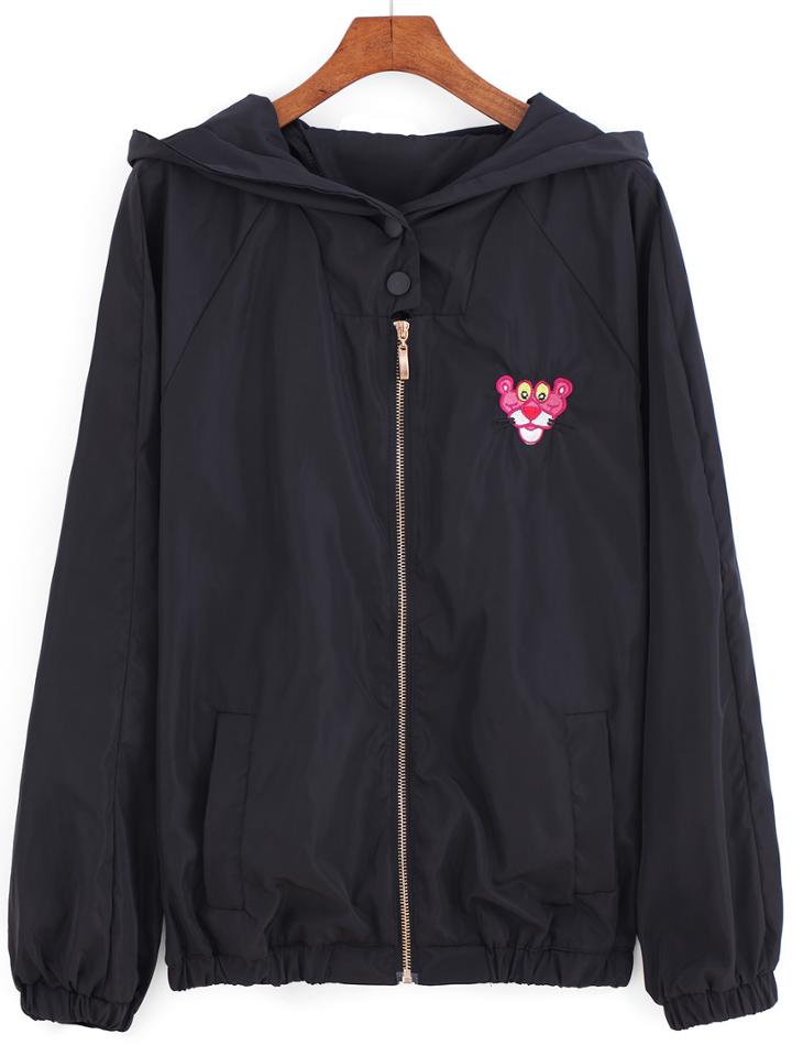 Romwe Hooded Zipper Tiger Embroidered Black Coat