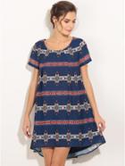 Romwe Blue Short Sleeve Vintage Print Dip Hem Dress