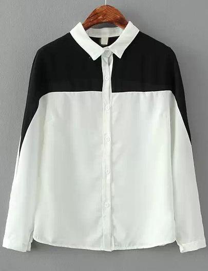 Romwe Black And White Lapel Buttons Loose Blouse