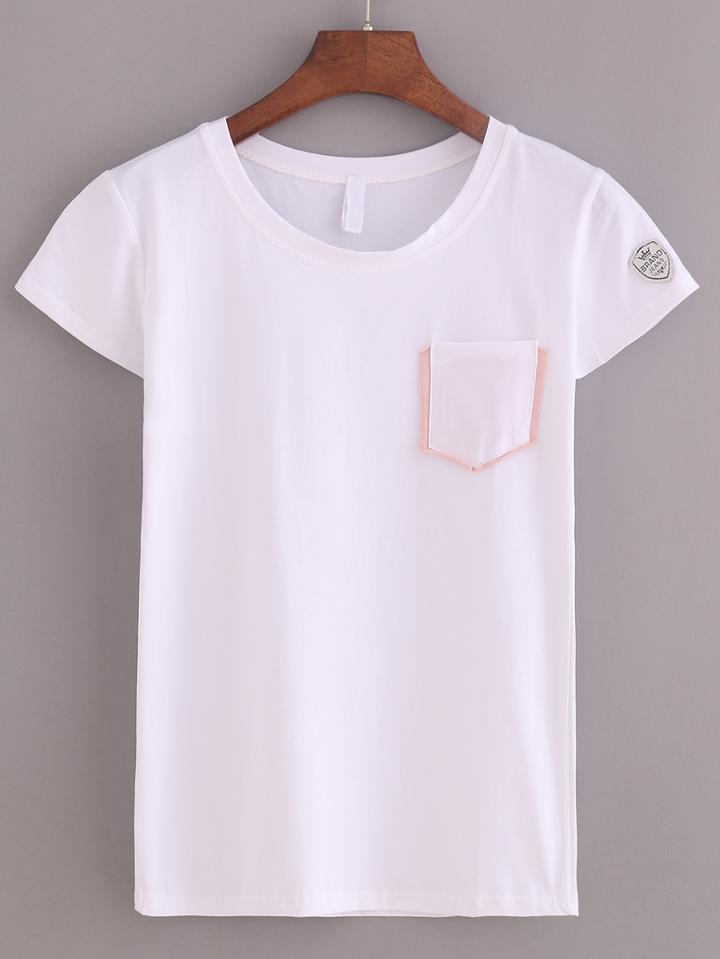 Romwe Leather Patch Two-tone Pocket T-shirt