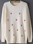 Romwe Cherry Embroidered Loose White Sweater