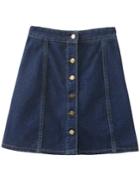 Romwe Dark Blue High Waist Buttons Front Denim Skirt