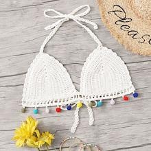 Romwe Pom Pom Trim Crochet Halter Bikini Top