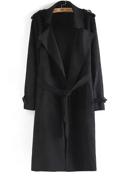 Romwe Lapel Epaulet Tie-waist Black Trench Coat