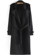 Romwe Lapel Epaulet Tie-waist Black Trench Coat