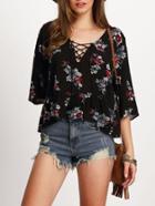 Romwe Elbow Sleeve Lace Up Floral Print Blouse