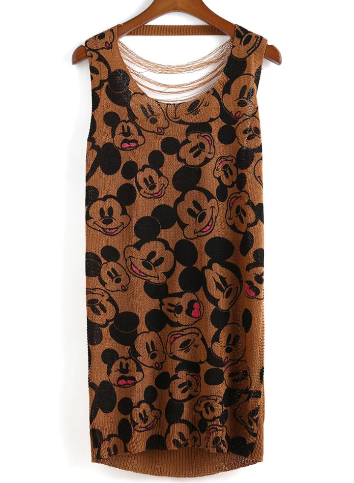Romwe Mickey Print Hollow Knit Khaki Dress