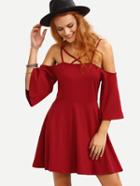 Romwe Lattice Neck Cold Shoulder Skater Dress - Burgandy