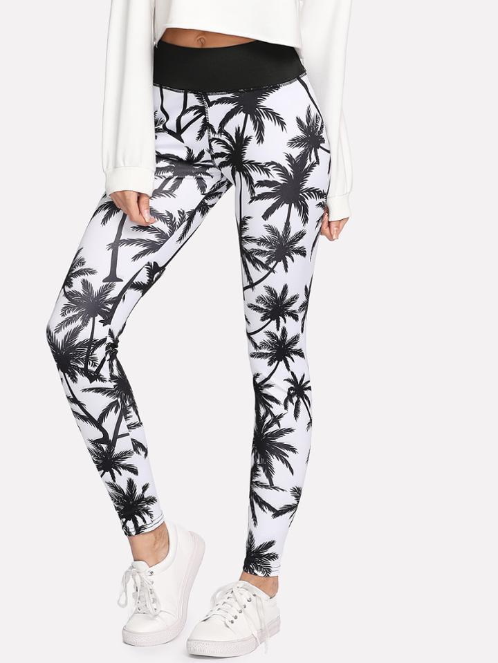 Romwe Tropical Print Skinny Leggings