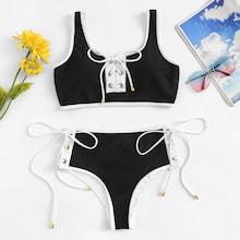 Romwe Contrast Piping Lace-up High Waist Bikini