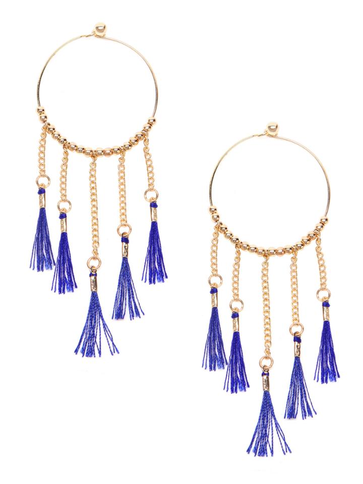 Romwe Gold Tone Bohemia Tassel Trim Beaded Hoop Earrings