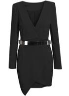 Romwe V Neck Asymmetric Bodycon Black Dress With Belt