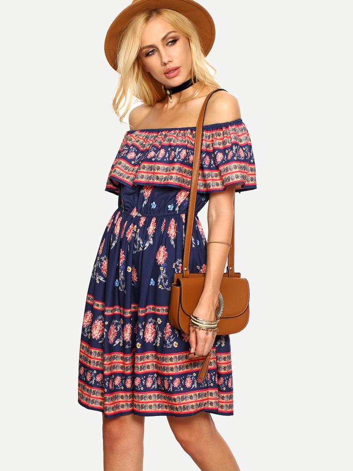 Romwe Ruffled Off-the-shoulder Flower Print Dress - Blue