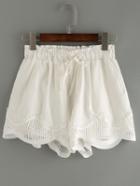 Romwe Drawstring Waist Scalloped Lace Trimmed Shorts - White