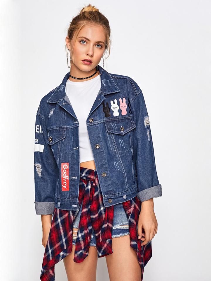 Romwe Ripped Drop Shoulder Denim Jacket
