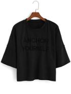 Romwe Letter Embroidered Black T-shirt