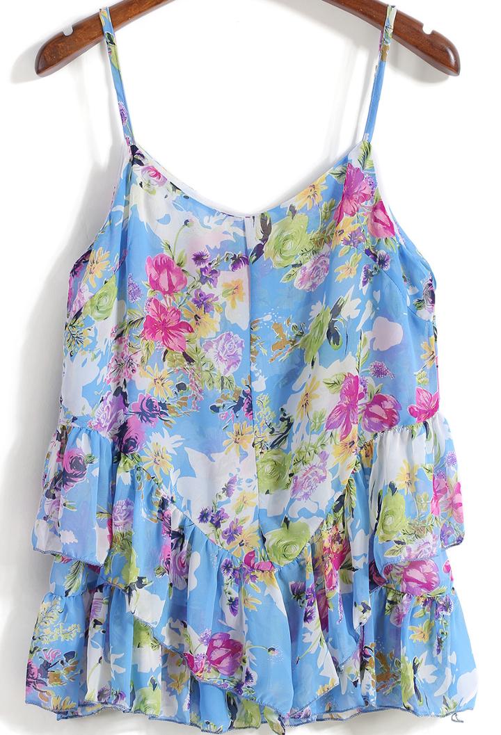 Romwe Spaghetti Strap Floral Ruffle Chiffon Vest