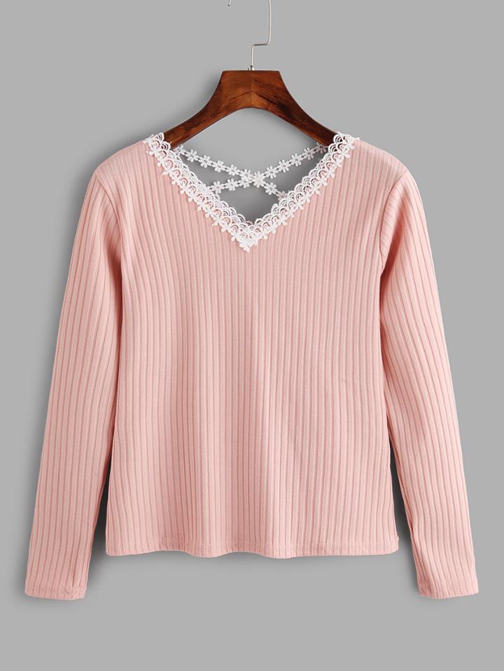 Romwe Contrast Lace Criss Cross Ribbed Tee