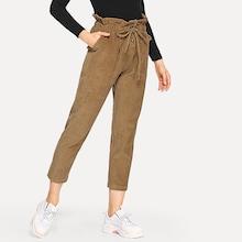 Romwe Drawstring Waist Ruffle Corduroy Pants