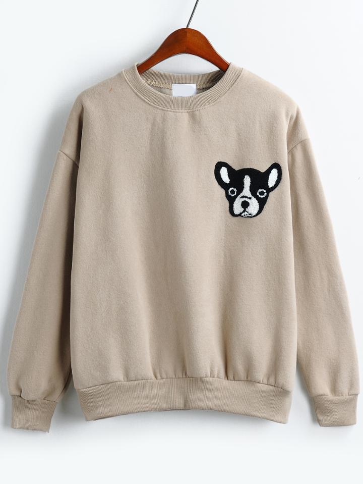 Romwe Dropped Shoulder Seam Dog Pattern Flocked Khaki Sweatshirt