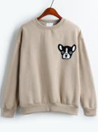 Romwe Dropped Shoulder Seam Dog Pattern Flocked Khaki Sweatshirt