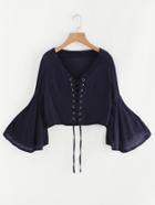 Romwe V Neckline Bell Sleeve Eyelet Lace Up Top