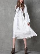 Romwe High Waist Lantern Sleeve Embroidered Dress - White