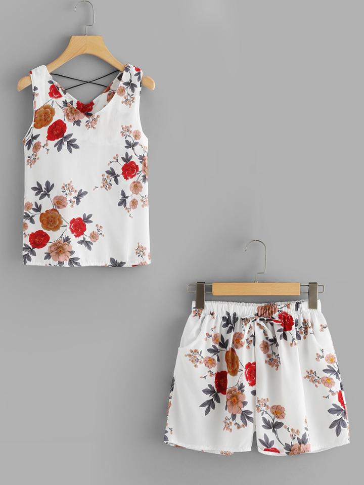 Romwe Criss Cross Back Floral Print Cami With Shorts