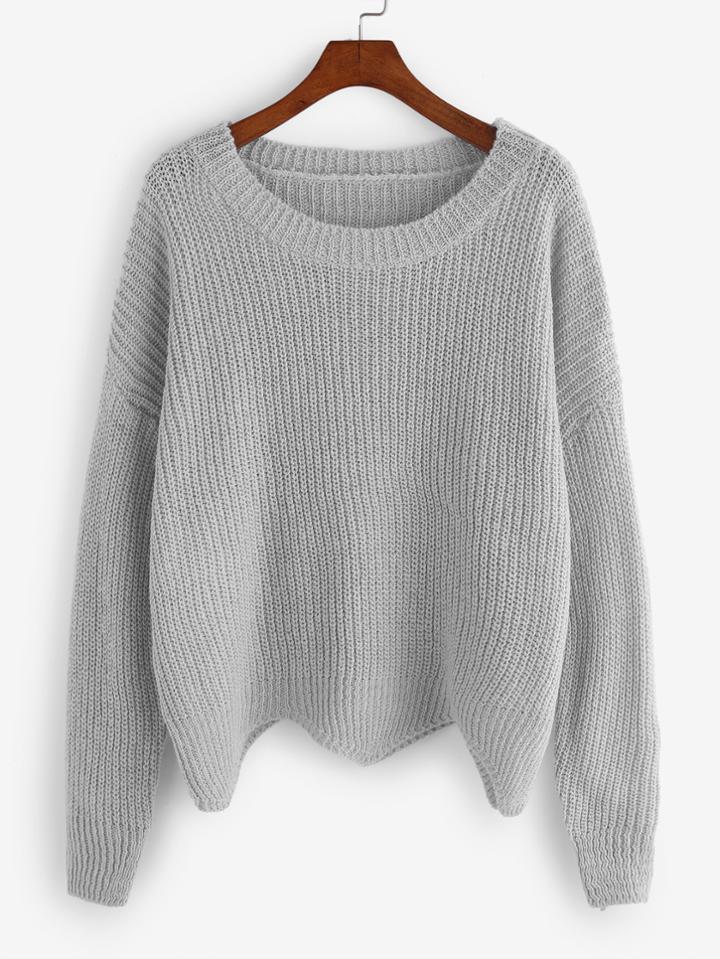 Romwe Grey Dropped Shoulder Seam Wave Hem Sweater