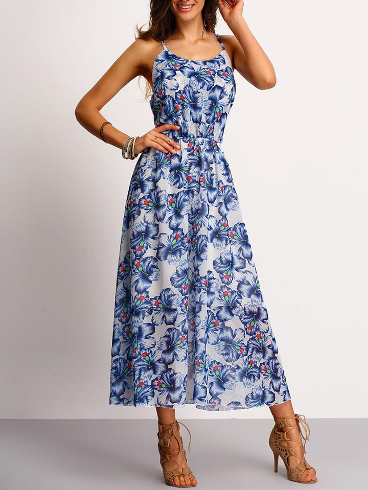 Romwe Crisscross Back Florals Chiffon Dress