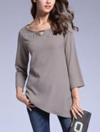 Romwe Grey Keyhole Three Quarters Length Sleeve Asymmetrical Blouse