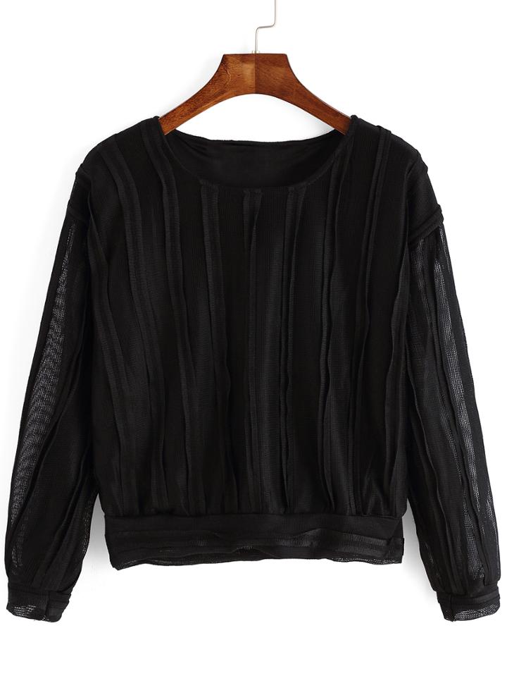 Romwe Long Sleeve Black Blouse With Flounce