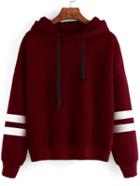 Romwe Burgundy Drop Shoulder Varsity Striped Hooded Sweatshirt