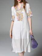 Romwe White V Neck Split Embroidered Dress