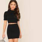 Romwe Mock-neck Crop Ribbed Top & Skirt Set