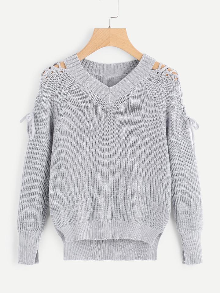 Romwe Lace Up Side Dip Hem Split Cuff Sweater