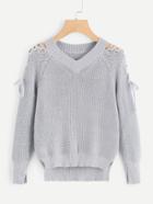 Romwe Lace Up Side Dip Hem Split Cuff Sweater