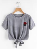 Romwe Rose Patch Striped Knot Front Tee