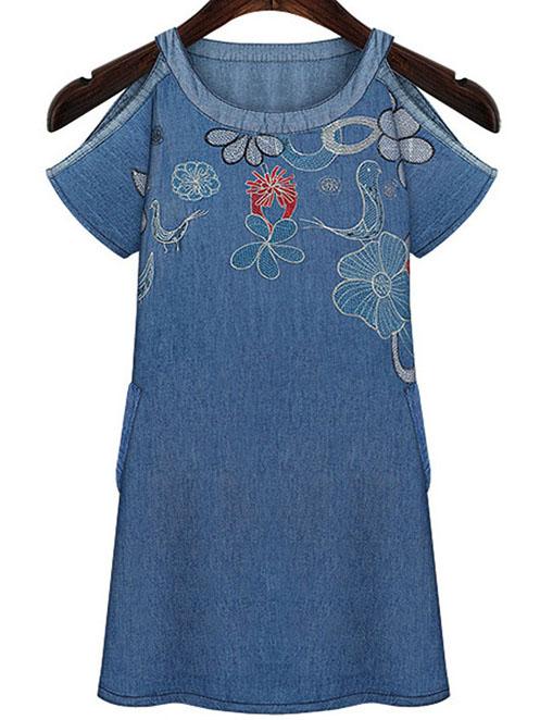 Romwe Open Shoulder Flower Embroidered Denim Dress