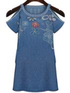 Romwe Open Shoulder Flower Embroidered Denim Dress