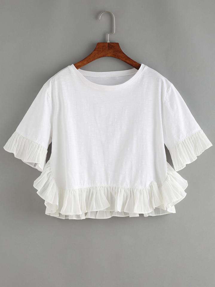 Romwe White Ruffle Hem T-shirt