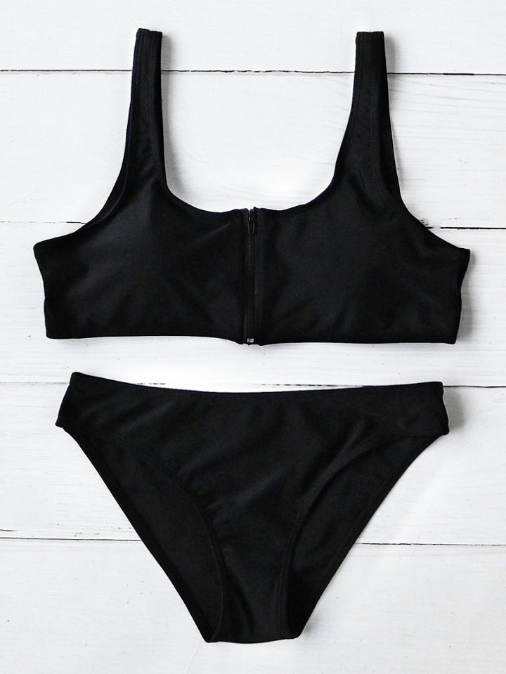 Romwe Zipper Up Scoop Neck Bikini Set
