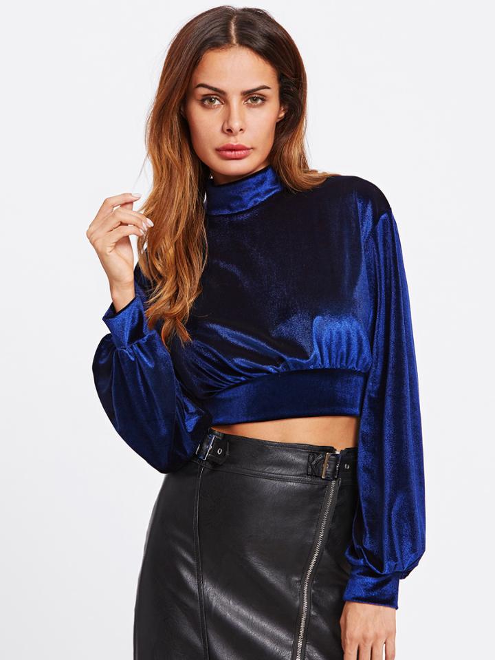 Romwe High Neck Crop Velvet Sweatshirt
