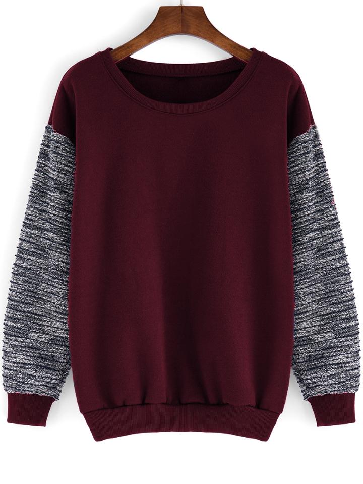 Romwe Round Neck Contrast Sleeve Loose Red Sweatshirt