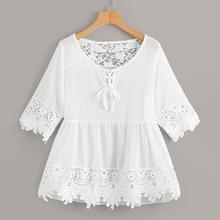 Romwe Contrast Lace Lace Up Peplum Blouse